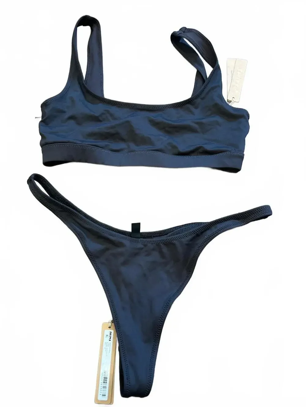 SKIMS SIGNATURE SWIM TANK BIKINI TOP & THONG BIKINI BOTTOM-SET in Onyx
